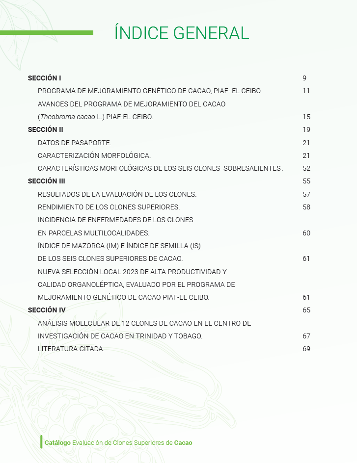 Contenido del catalogo evaluación de clones superiores de cacao PIAF-EL CEIBO