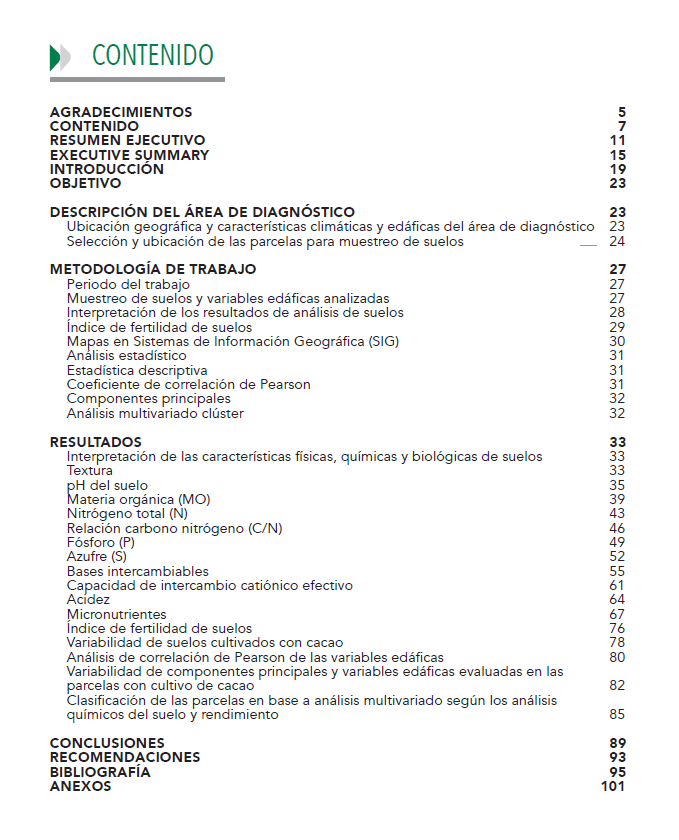 Contenido del diagnostico de la fertilidad de suelos en plantaciones de cacao organico en la región de Alto Beni PIAF-EL CEIBO